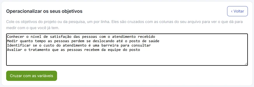 Tela «Operacionalizar os seus objetivos» do HILO com quatro objetivos escritos, um por linha, e o botão «Cruzar com as variáveis».