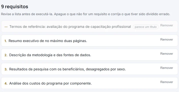 Tela «9 requisitos» do HILO: o título dos termos de referência com a marca «parece um título» e os requisitos 1 a 4 com a sua numeração, o quarto já unido em uma só linha («Análise dos custos do programa por componente.»), cada um com o botão «Remover».