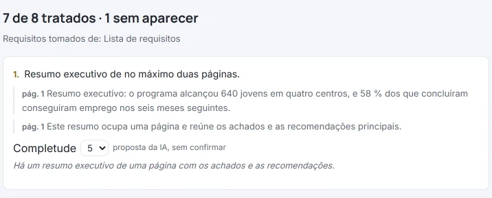 Resultado do HILO (resposta simulada, com dados fictícios): «7 de 8 tratados · 1 sem aparecer» e o requisito 1 (resumo executivo) com dois trechos do relatório na página 1 e a completude proposta pela IA, 5, sem confirmar.