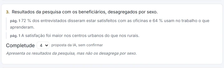 Requisito 3 no resultado do HILO (resposta simulada, com dados fictícios): dois trechos do relatório (página 1), a completude proposta pela IA, 4, sem confirmar, e a sua fundamentação: «Apresenta os resultados da pesquisa, mas não os desagrega por sexo».