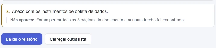 Requisito 8 no resultado do HILO: «Não aparece. Foram percorridas as 3 páginas do documento e nenhum trecho foi encontrado», e os botões «Baixar o relatório» e «Carregar outra lista».