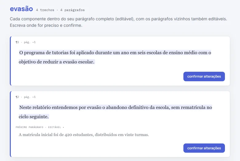 Tela do HILO com o relatório de exemplo: o tema «evasão» reuniu 4 trechos em 4 parágrafos; aparecem os dois primeiros, com a página aproximada e o parágrafo seguinte.