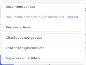 Menu «baixar» do HILO com «Documento editado», «Documento com controle de alterações», com a marca Premium, e «Resumo do tema».