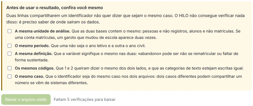 Quadro «Antes de usar o resultado, confira você mesmo» da união por identificador, com cinco verificações sem marcar, e o botão de download desligado: «Faltam 5 verificações para baixar».