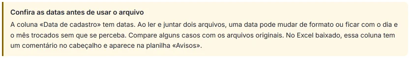 Aviso do HILO «Confira as datas antes de usar o arquivo» para a coluna «Data de cadastro» do arquivo unido.